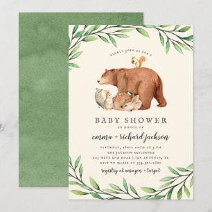 Cream Woodland Greenery Forest Animals Baby Shower Inbjudningar