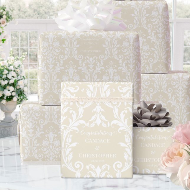 Creamy Almond White Damask Add Namn Grattis Presentpapper (Skapare uppladdad)