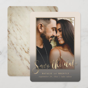 Creamy Beige Guld skript och marble Photo Overlay Spara Datumet