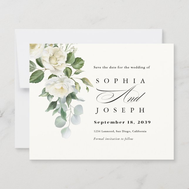 Creamy Floral Eucalyptus Wedding Save the date (Framsida)