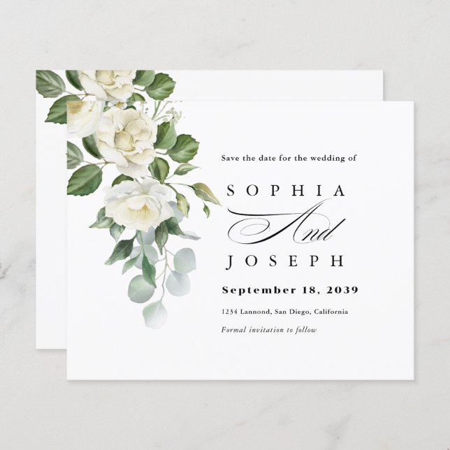 Creamy Floral Eucalyptus Wedding Save the date (Fram/baksida)
