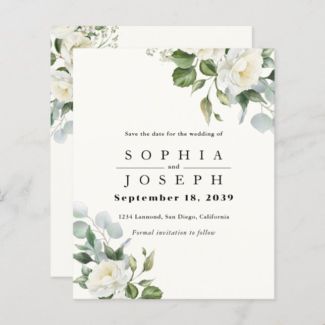 Creamy Floral Eucalyptus Wedding Save the date (Fram/baksida)