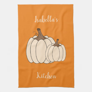 Creamy Pumpkins Orange Kitchen Towel med Namn Kökshandduk