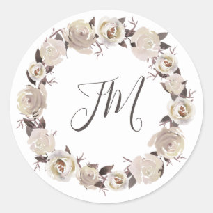 Creamy Ro Blommigt Utandning Monogram Bröllop Runt Klistermärke