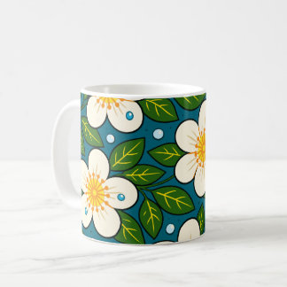 Creamy White Florals Pattern with Green Leaves Kaffemugg