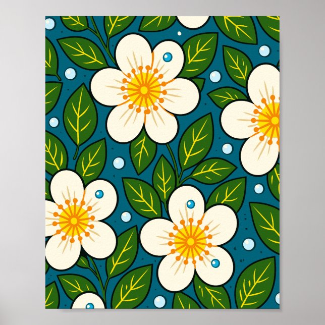 Creamy White Florals Pattern with Green Leaves Poster (Framsidan)