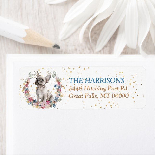 Creamy White French Bulldog Spring Flowers Wreath Returadress Etikett (Insitu)