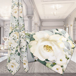 Creamy White Peony Bröllop Sage Grönt Blommigt Slips