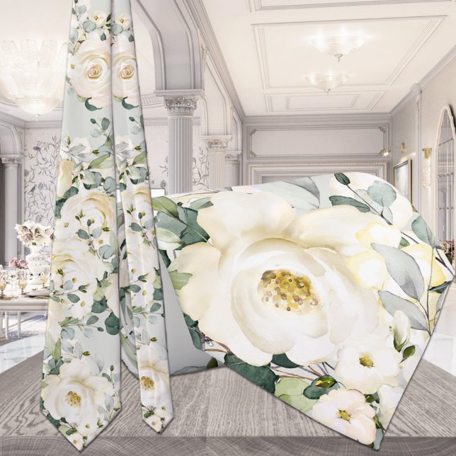 Creamy White Peony Bröllop Sage Grönt Blommigt Slips (Skapare uppladdad)