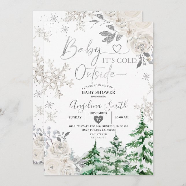 Creamy White Snowflake Blommigt Forest Baby Shower Inbjudningar (Fram/baksida)