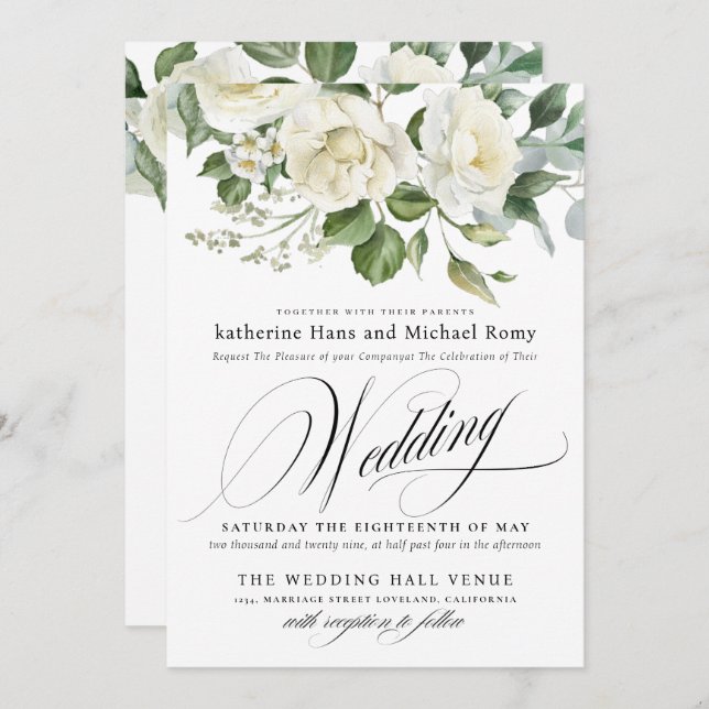 CreamyFloral Eucalyptus Script Calligraphy Wedding Inbjudningar (Fram/baksida)