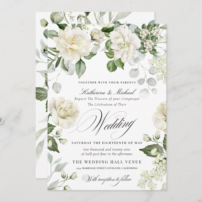CreamyFloral Eucalyptus Script Calligraphy Wedding Inbjudningar (Fram/baksida)