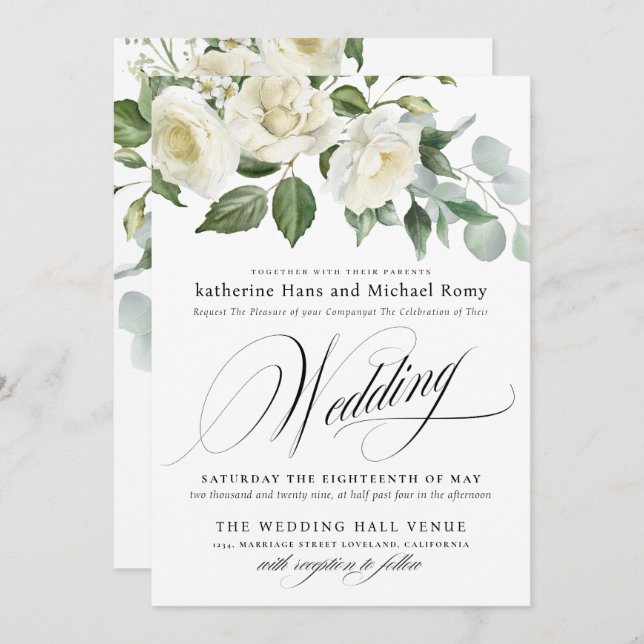 CreamyFloral Eucalyptus Script Calligraphy Wedding Inbjudningar (Fram/baksida)