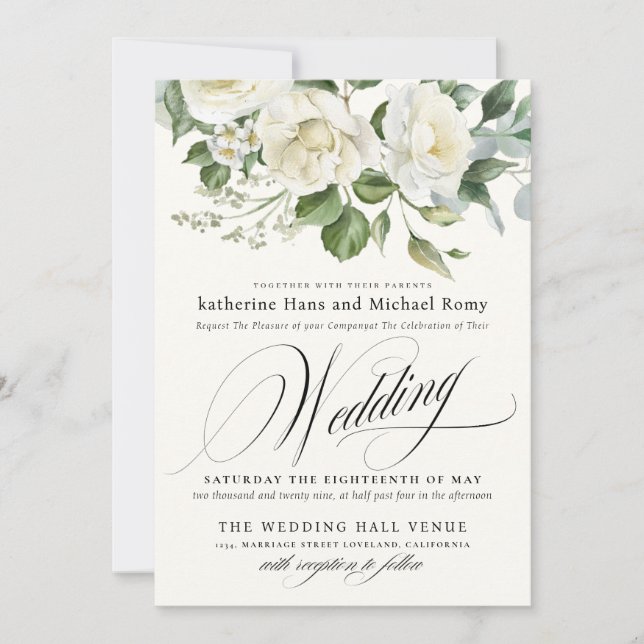 CreamyFloral Eucalyptus Script Calligraphy Wedding Inbjudningar (Framsida)