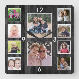 Create Your Own 10 Photo Collage Black Wood Fyrkantig Klocka