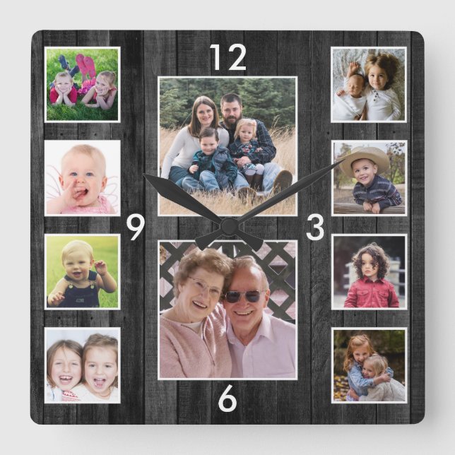 Create Your Own 10 Photo Collage Black Wood Fyrkantig Klocka (Framsida)