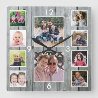 Create Your Own 10 Photo Collage Gray Wood Fyrkantig Klocka