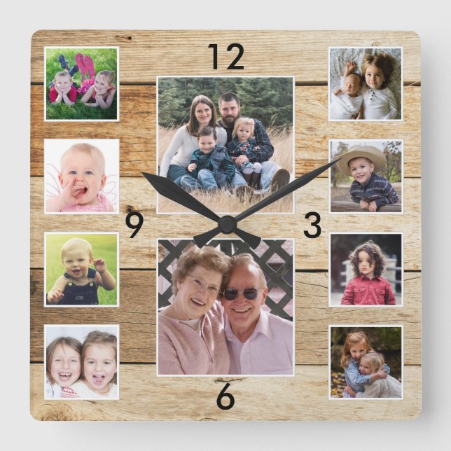 Create Your Own 10 Photo Collage Natural Wood Fyrkantig Klocka (Framsida)