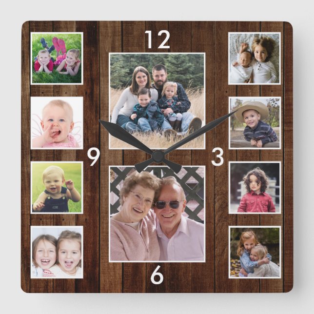 Create Your Own 10 Photo Collage Pallet Wood Fyrkantig Klocka (Framsida)