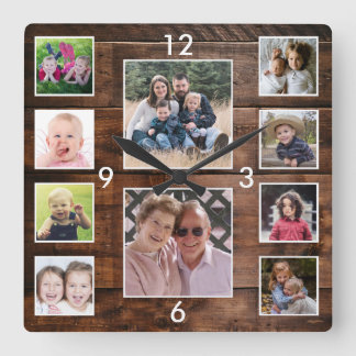 Create Your Own 10 Photo Collage Reclaimed Wood Fyrkantig Klocka