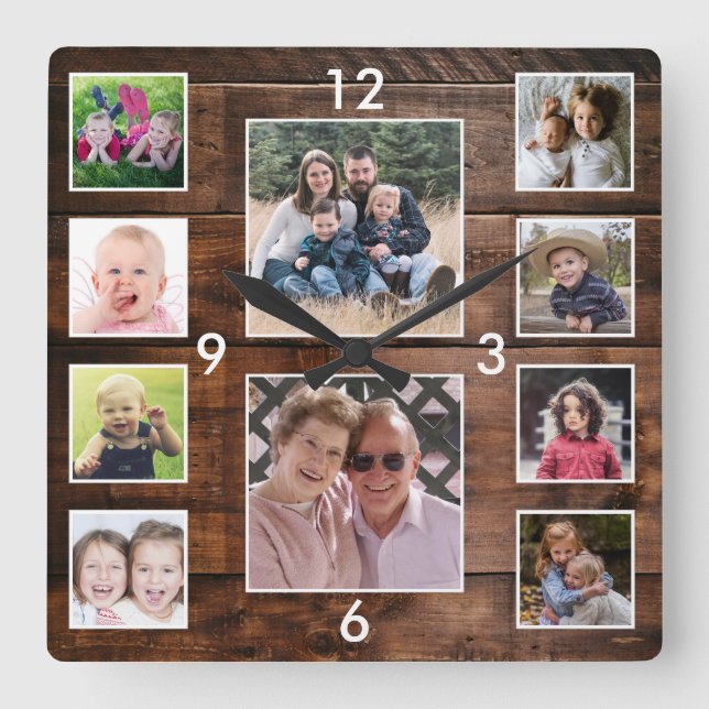 Create Your Own 10 Photo Collage Reclaimed Wood Fyrkantig Klocka (Framsida)
