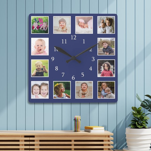 Create Your Own 12 Family Photo Collage Blue Fyrkantig Klocka (Skapare uppladdad)