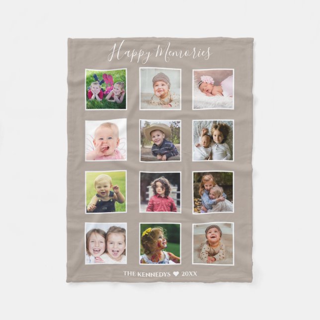 Create Your Own 12 Family Photo Collage Taupe Fleecefilt (Framsidan)