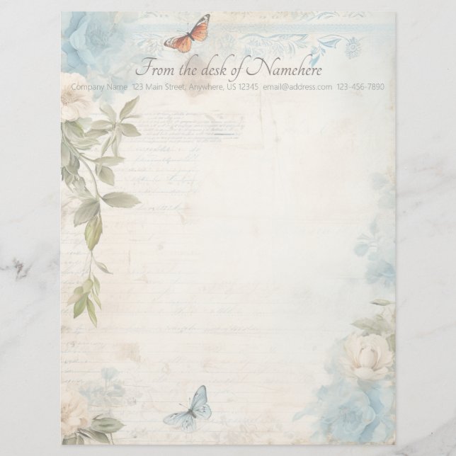 Create Your Own Blue Shabby Chic Buttefly Roses Brevhuvud (Framsida)
