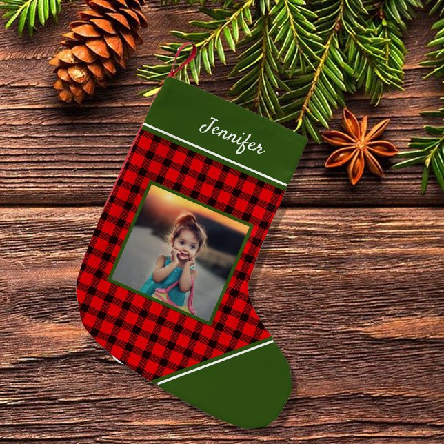 Create your own buffalo plaid photo monogrammed liten julstrumpa (Create your own buffalo plaid photo monogrammed small christmas stocking.)