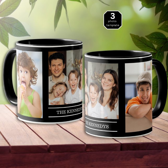 Create Your Own Family Name 3 Photo Collage Black Mugg (Skapare uppladdad)