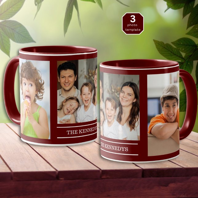 Create Your Own Family Name 3 Photo Collage Maroon Mugg (Skapare uppladdad)