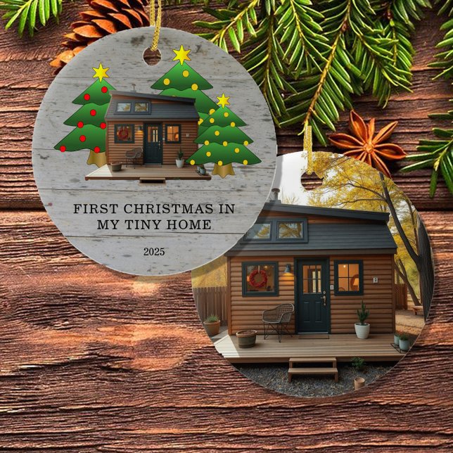 Create your own First Christmas in my Tiny Home Julgransprydnad Keramik (Create your own First Christmas in my Tiny Home Ceramic Ornament. You can add your own photo.)