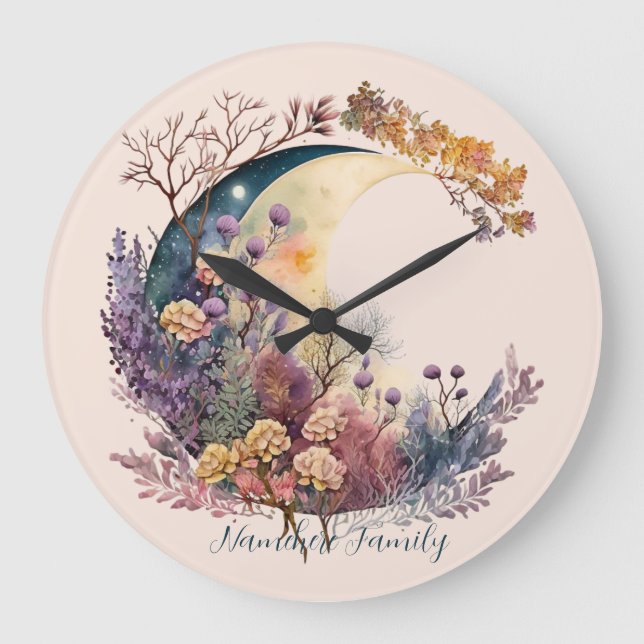 Create Your Own Mystical Floral Crescent Moon Stor Klocka (Framsida)
