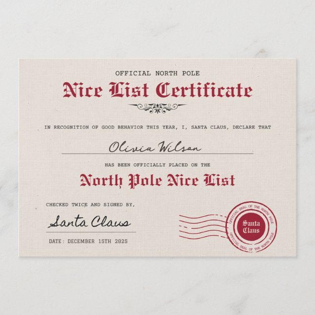 Create your own Nice List Certificate form Santa Inbjudningar (Framsida)