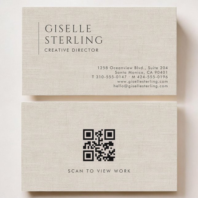 Creative Director Luxury Neutral Linen QR Code Visitkort (Skapare uppladdad)