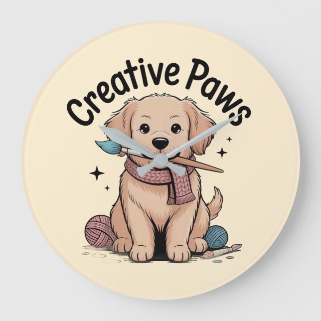 Creative Paws Dog Painting Knitting Hobbyist Decor Stor Klocka (Framsida)