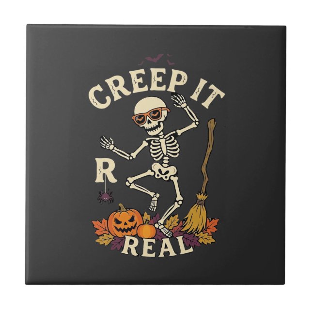 Creep It Real Dansande Skelett Pumpa Kvast_1 Kakelplatta (Framsidan)