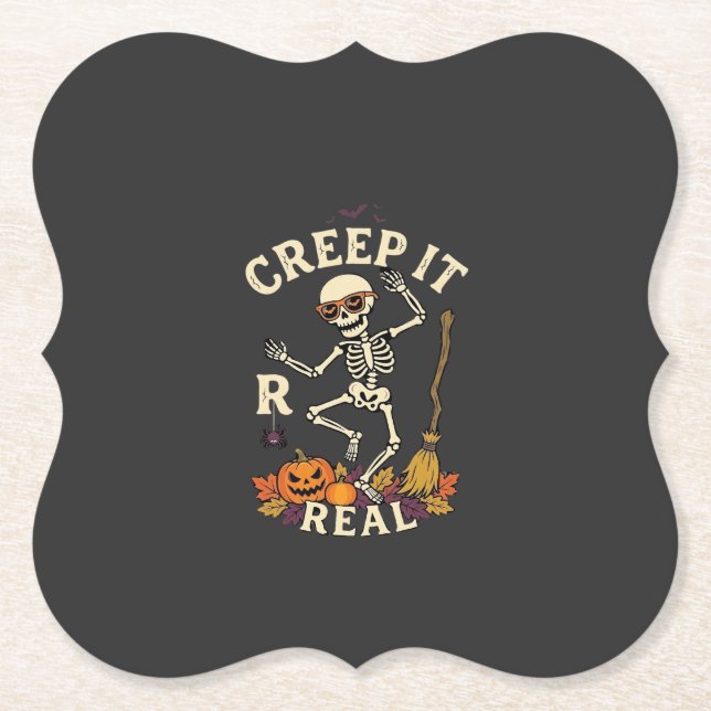 Creep It Real Dansande Skelett Pumpa Kvast_1 Underlägg Papper (Framsida)