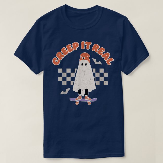 Creep It Real Ghost Skateboard Halloween Bat Check T Shirt (Design framsida)