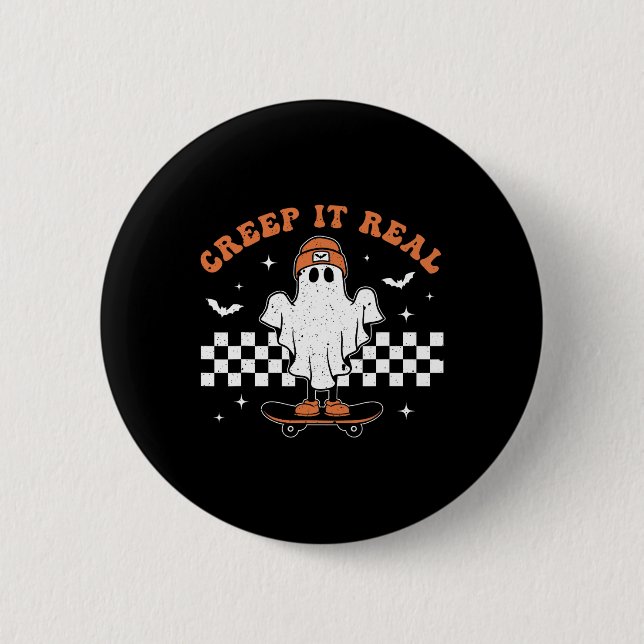 Creep It Real Ghost Skateboard Retro Cute Hallowee Knapp (Framsida)