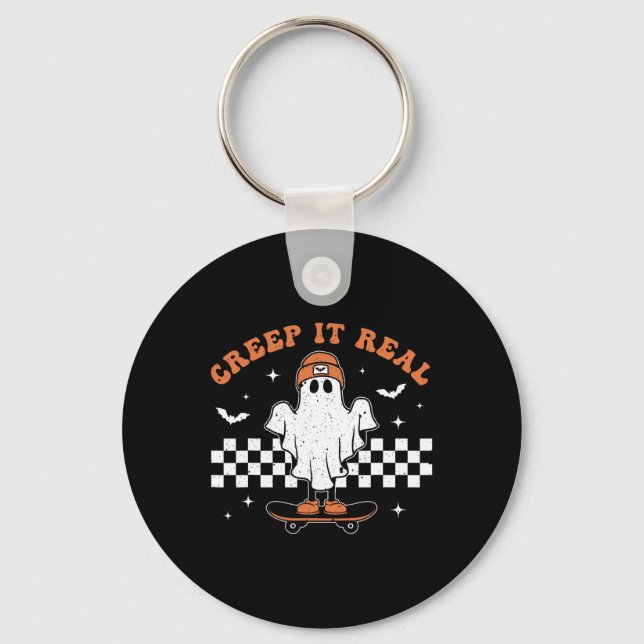 Creep It Real Ghost Skateboard Retro Cute Hallowee Nyckelring (Framsida)