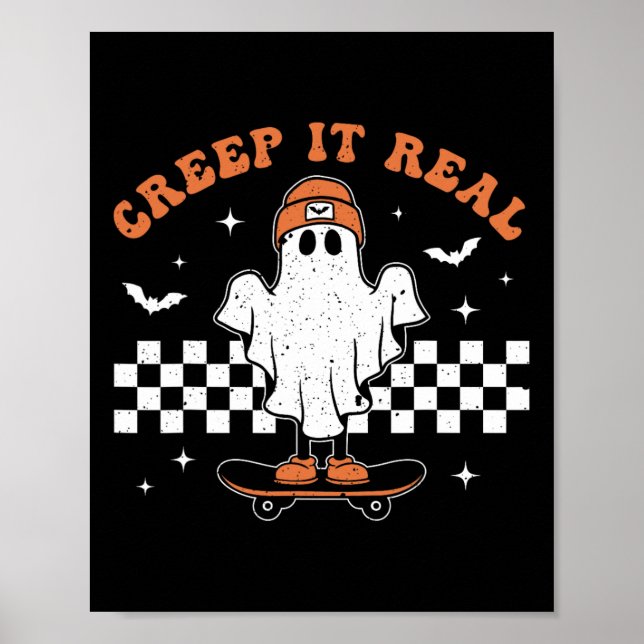 Creep It Real Ghost Skateboard Retro Cute Hallowee Poster (Framsidan)