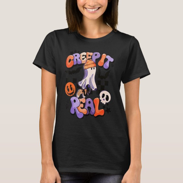 Creep It Real Groovy Retro Halloween Ghost T Shirt (Framsida)