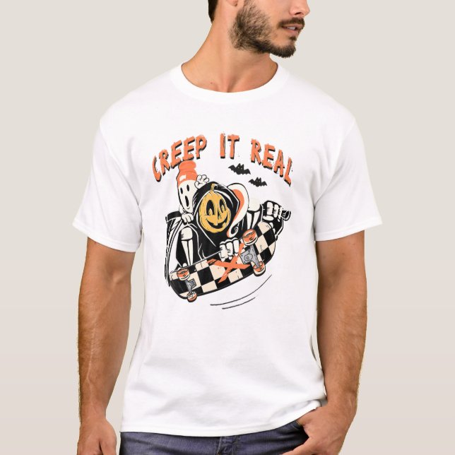 Creep It Real Skater Boy Ghost Pumpkin Skeleton Sk T Shirt (Framsida)