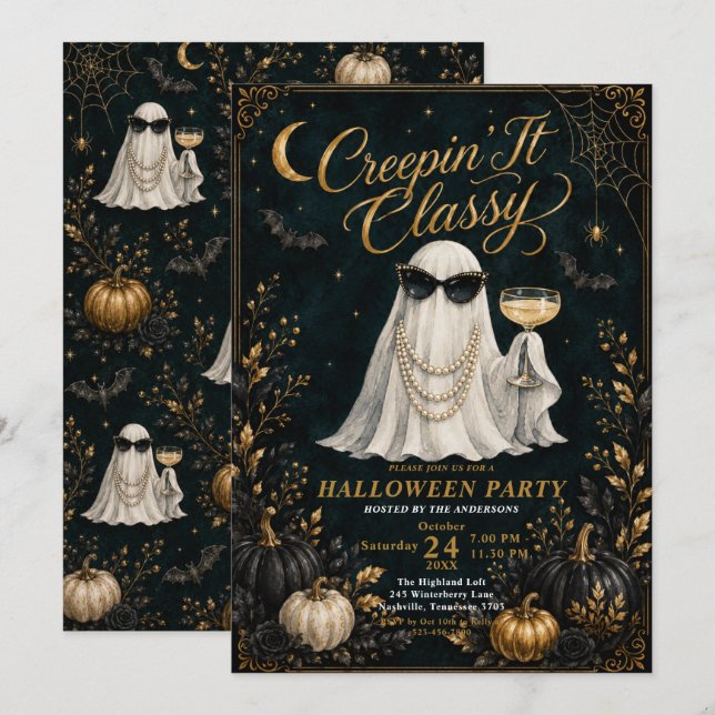 Creepin’ It Classy Halloween-inbjudan Inbjudningar (Fram/baksida)