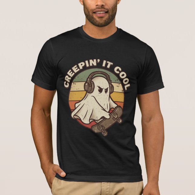 Creepin It Cool Halloween Skateboard Ghost T-Shirt (Framsida)