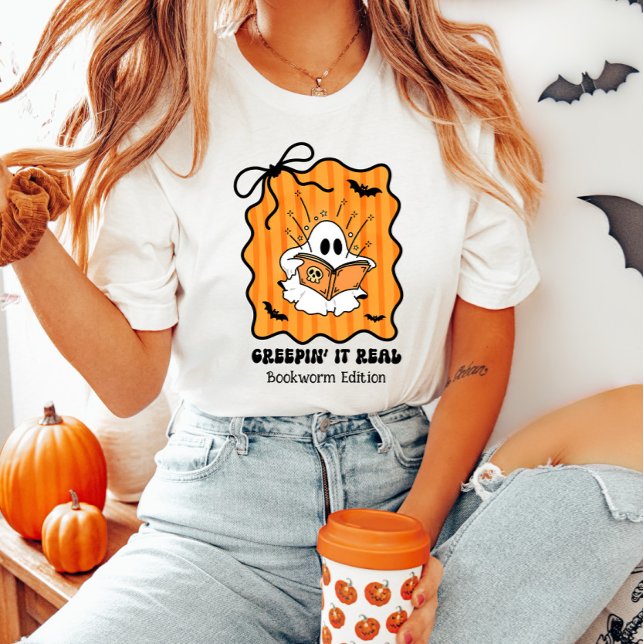 Creepin It Real Bookworm Ghost Retro Halloween Bow T Shirt (Skapare uppladdad)