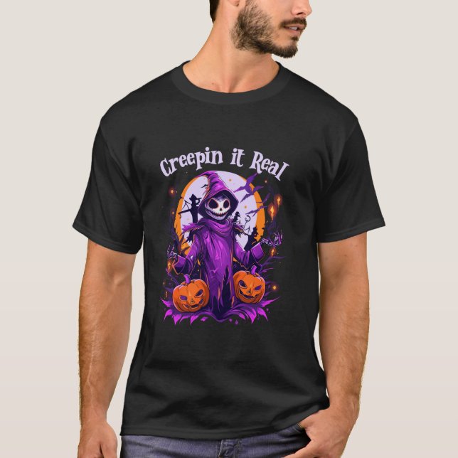 Creepin It Real Creepy Skeleton Witch Spooky Skull T Shirt (Framsida)