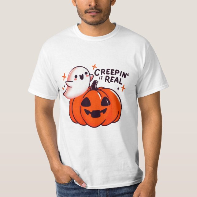 Creepin’ it Real - Friendly Ghost & Pumpkin T Shirt (Framsida)