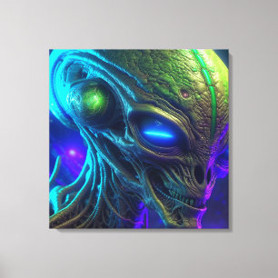 Creepy Alien Head med Glowing Blue Ögon Canvastryck